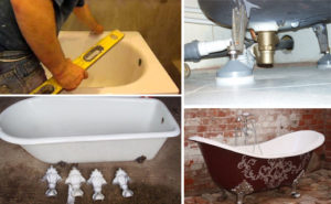 Do-it-yourself-Installation eines gusseisernen Bades: Installation auf Beinen, auf Ziegeln (+ Video)