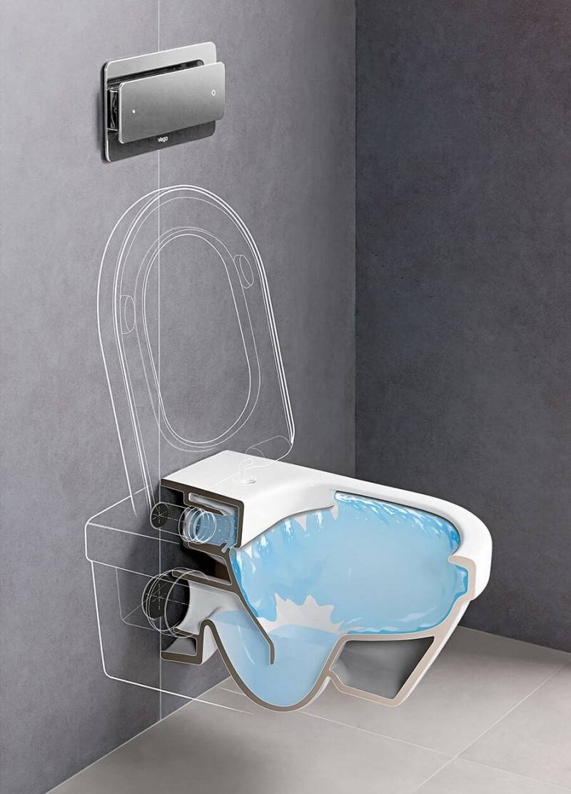 Do-it-yourself-Installation einer hängenden Wand-WC-Schüssel: auf der Installation und auf einem Betonsockel