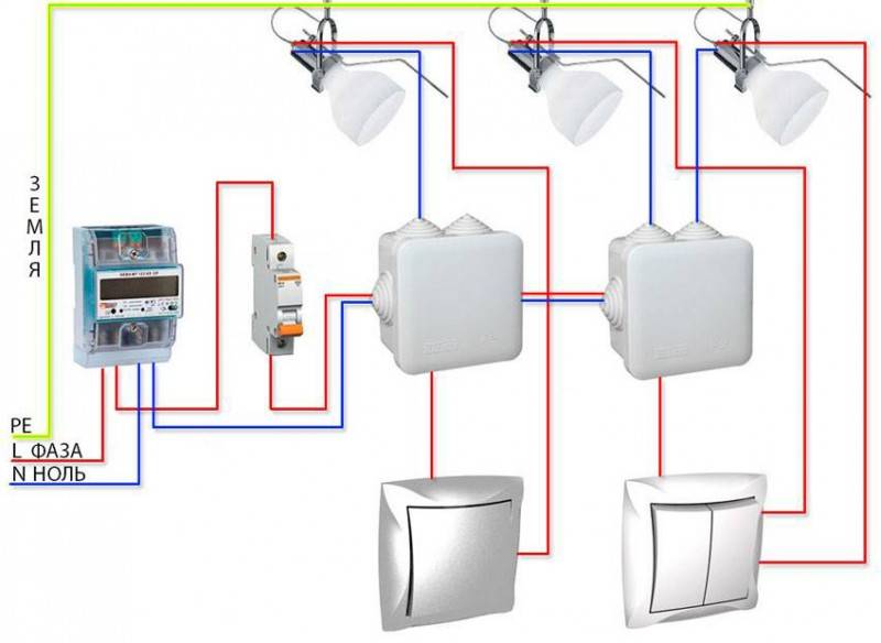 Ledningsdiagram for en to-gangsafbryder til to pærer: ledningsfunktioner