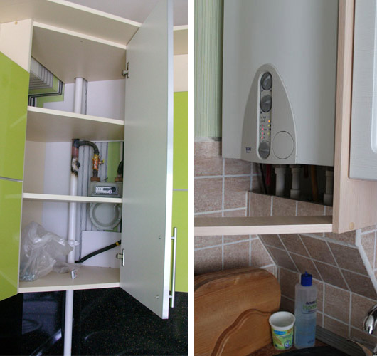 So verstecken Sie einen Gaskessel in der Küche: die besten Designleistungen im Bereich der Verkleidung