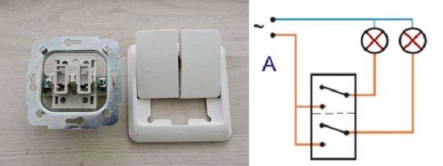 Ledningsdiagram for en to-gangsafbryder til to pærer: ledningsfunktioner