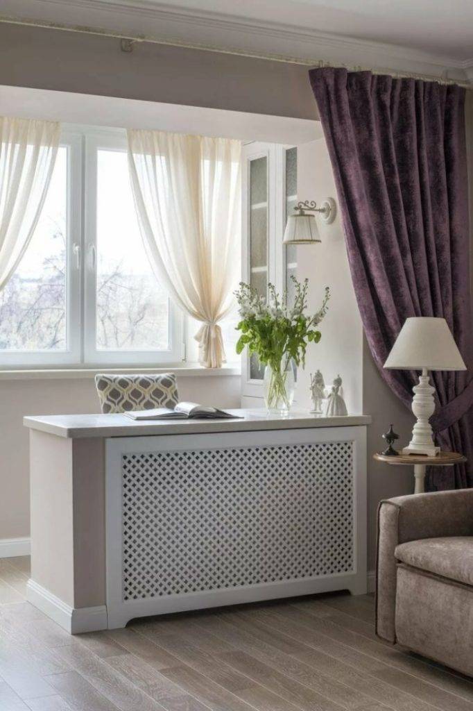 Heizkörperdesign (59 Fotos): wie man Heizkörper schließt und wie man sich in einem Raum versteckt, Dekorationsmöglichkeiten, wie schön sie schließen und wie man Heizgeräte dekorieren kann