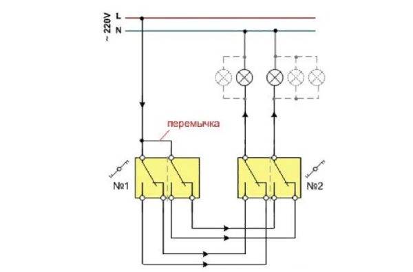 Tilslutning af en gennemløbskontakt fra to og tre steder: analyse af diagrammer + installationsvejledning