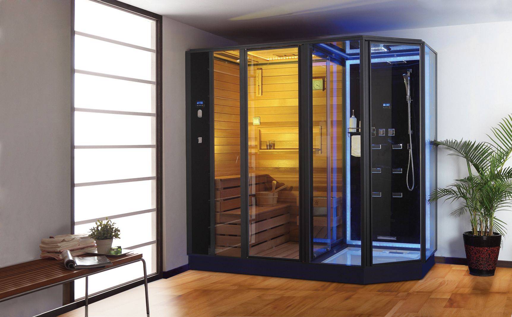 Duschkabine mit Sauna: Installation in der Wohnung einer Kabine mit der Wirkung eines türkischen und finnischen Bades, einer Infrarotsaunafunktion, Bewertungen
